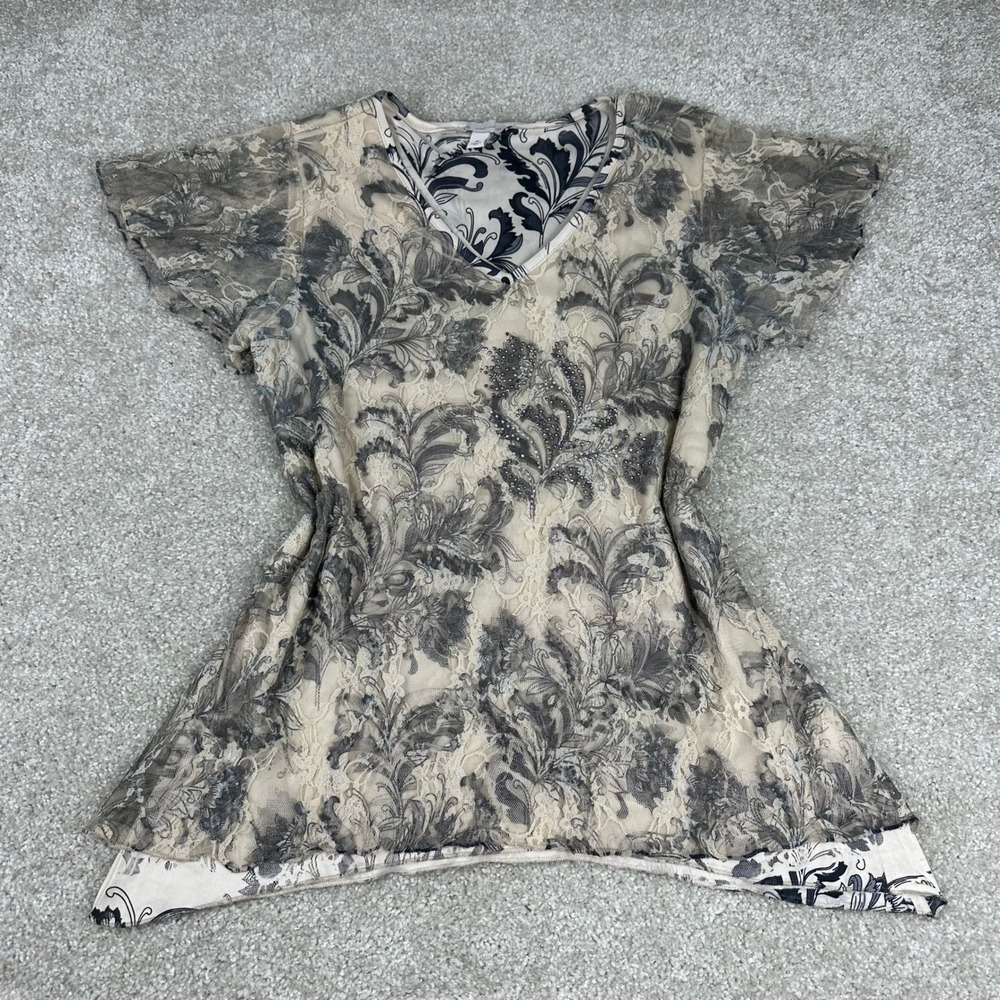 Whimsigoth Fairy Lace Paisley Layered Top Medium Tan Gray Rhinestone Boho Y2K
